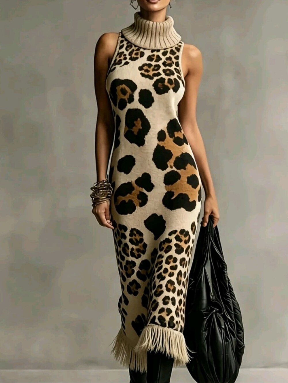 Vintage Leopard Print High Neck Sleeveless Knit Dress With Tassel Hem - Picture 4 of 4